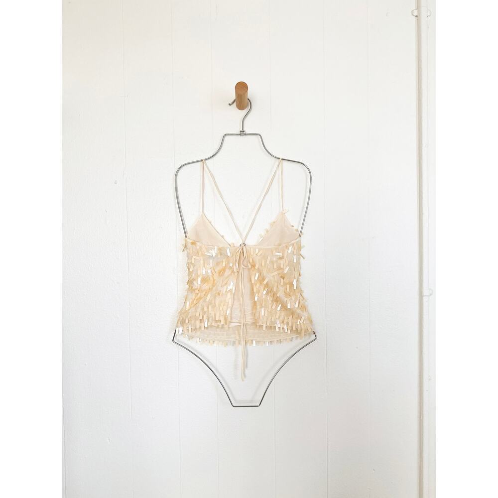 Vtg 90s/ Y2K BCBGMAXAZRIA Cream Sequin Silk Fringe Top Fairy Whimsy Clubwear - Picture 3 of 9